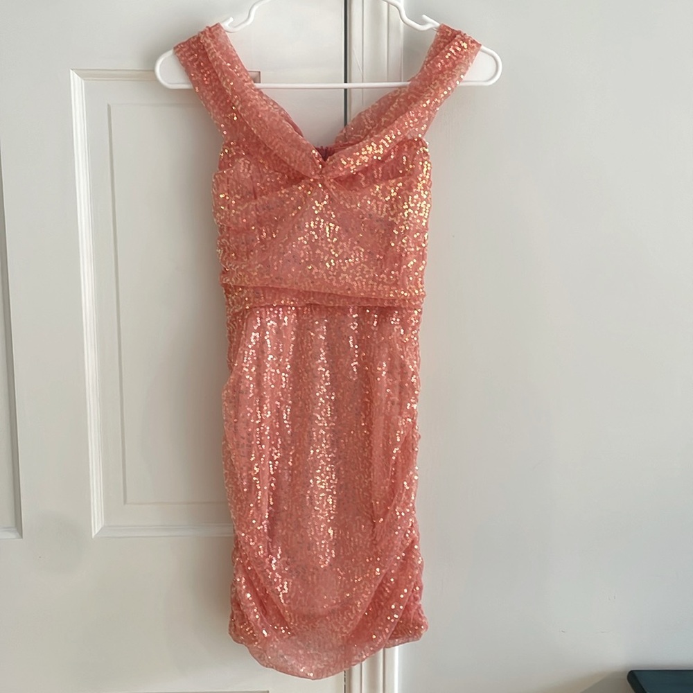 LUCY IN THE SKY Iridescent Sequin Corset Dress in Peach